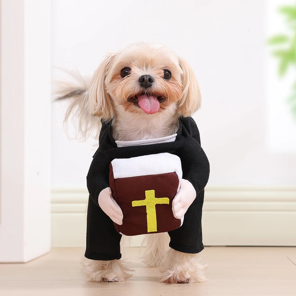 Funny Cats Clothes Halloween Costume for Small Big Dogs Cat Breathable Cross Bible Print Kitten Priest Cosplay Set Party Gifts