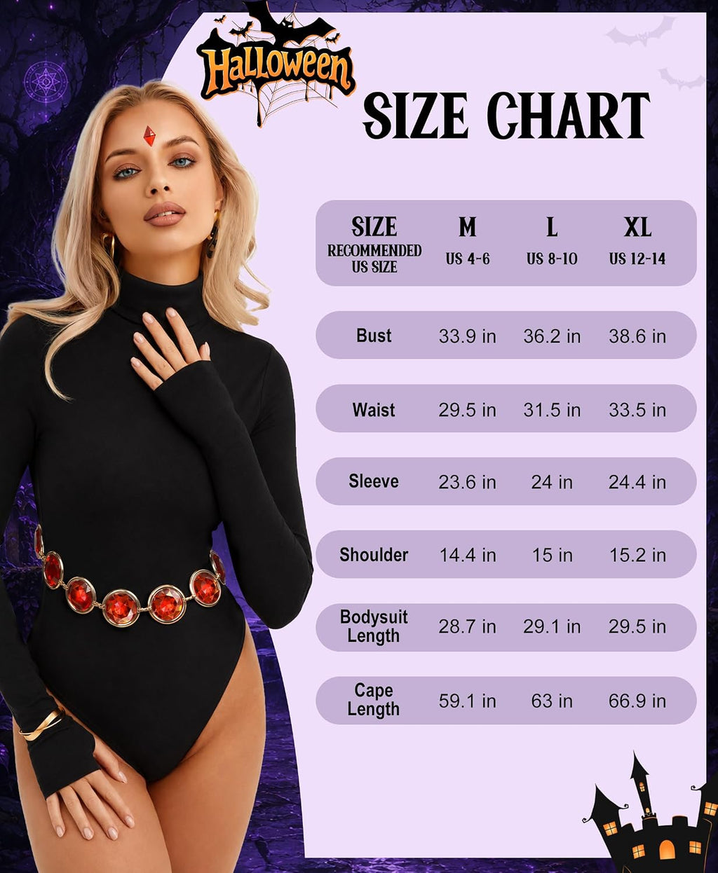Raven Costume for Women, 6 Pcs Raven Cosplay Costume Set with Purple Hooded Cloak Bodysuit Gray Tights Halloween Party Outfit