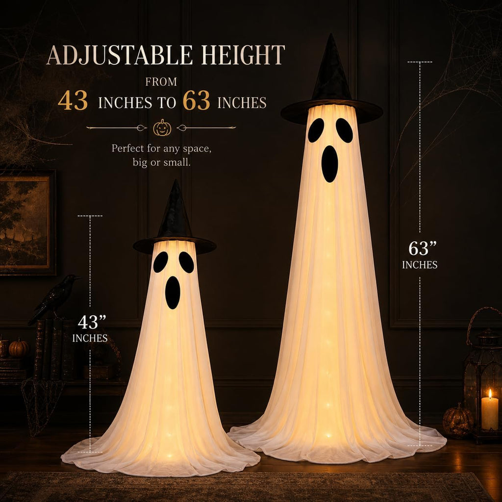 2‑Pack 63" Halloween Decorations for Outdoor with Remote Control | 8 Light Modes & Timer, 43‑63In Adjustable Height, 4 Sets DIY Ghost Faces, Windproof U‑Stakes, for Indoor, Yard, Lawn & Garden