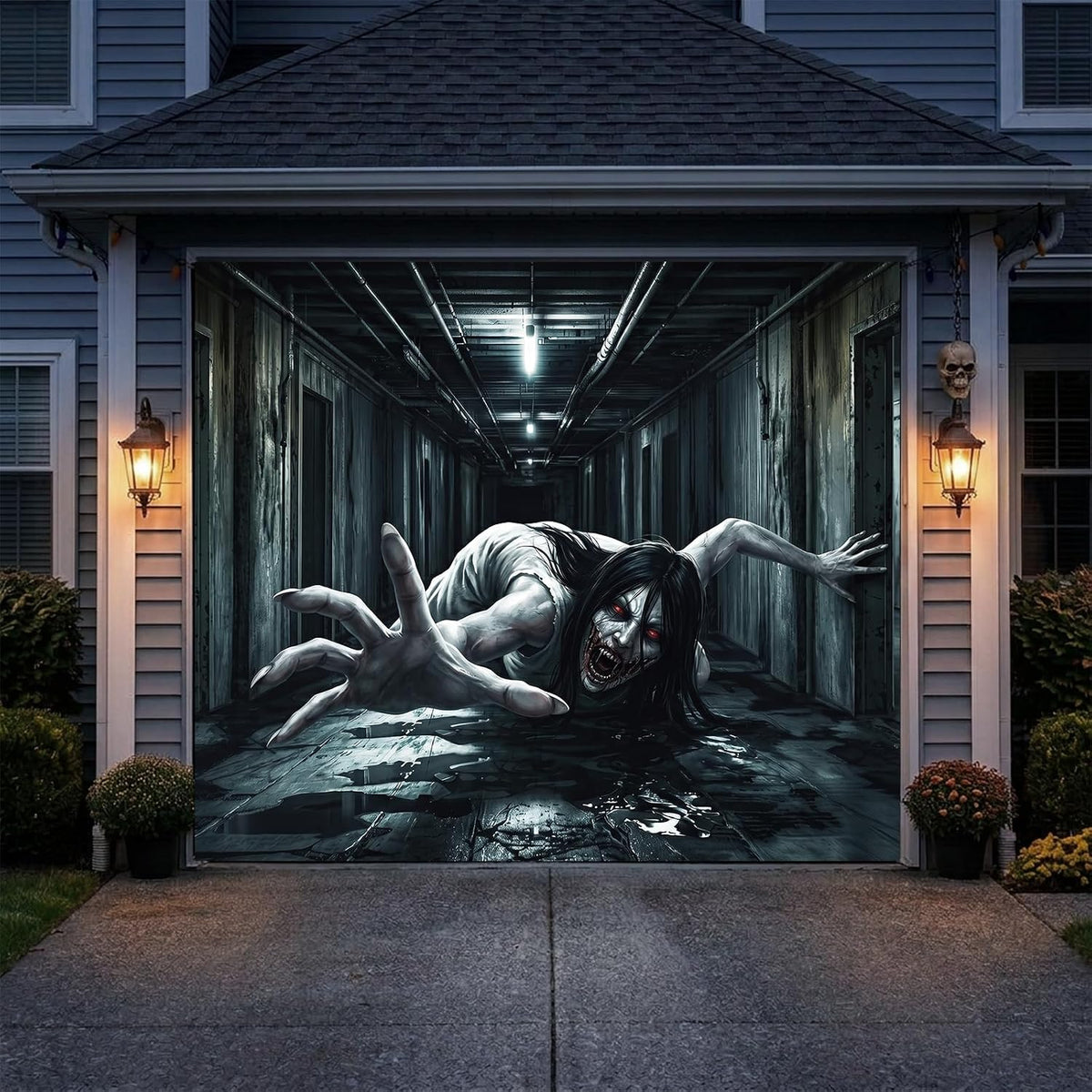 Halloween Garage Door Cover - Large Scary Ghost Girl Backdrop