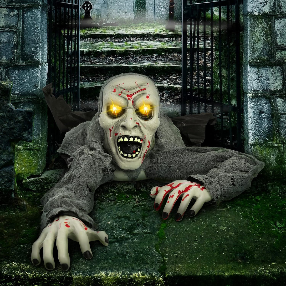Halloween Decorations Outdoor Light-Up Zombie Groundbreaker with Bloodstain and Creepy Sound for Halloween outside Decor Lawn Yard Patio Graveyard Decoration, Haunted House Prop