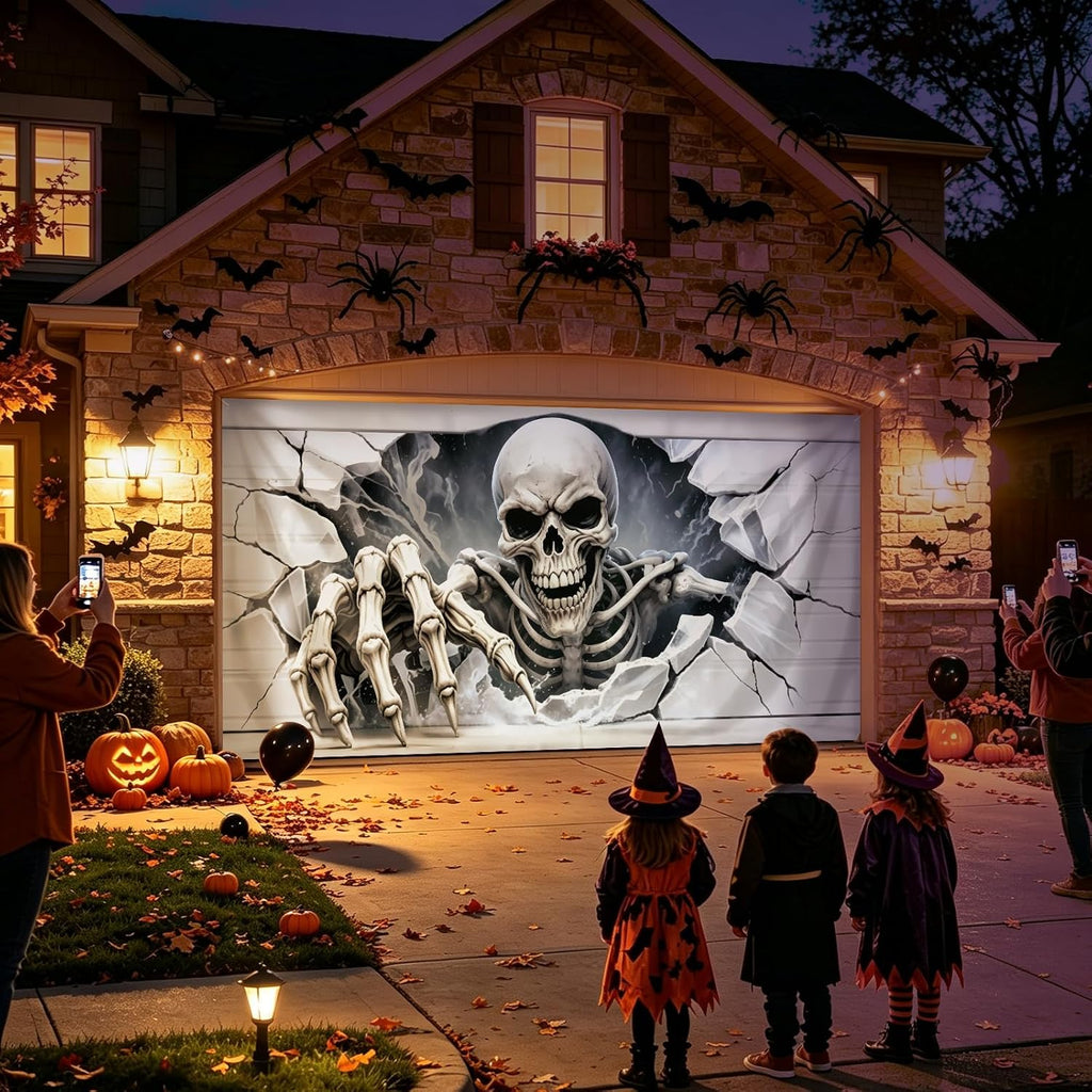 Halloween Garage Door Cover, 7×16 FT Skull Halloween Decorations Outdoor