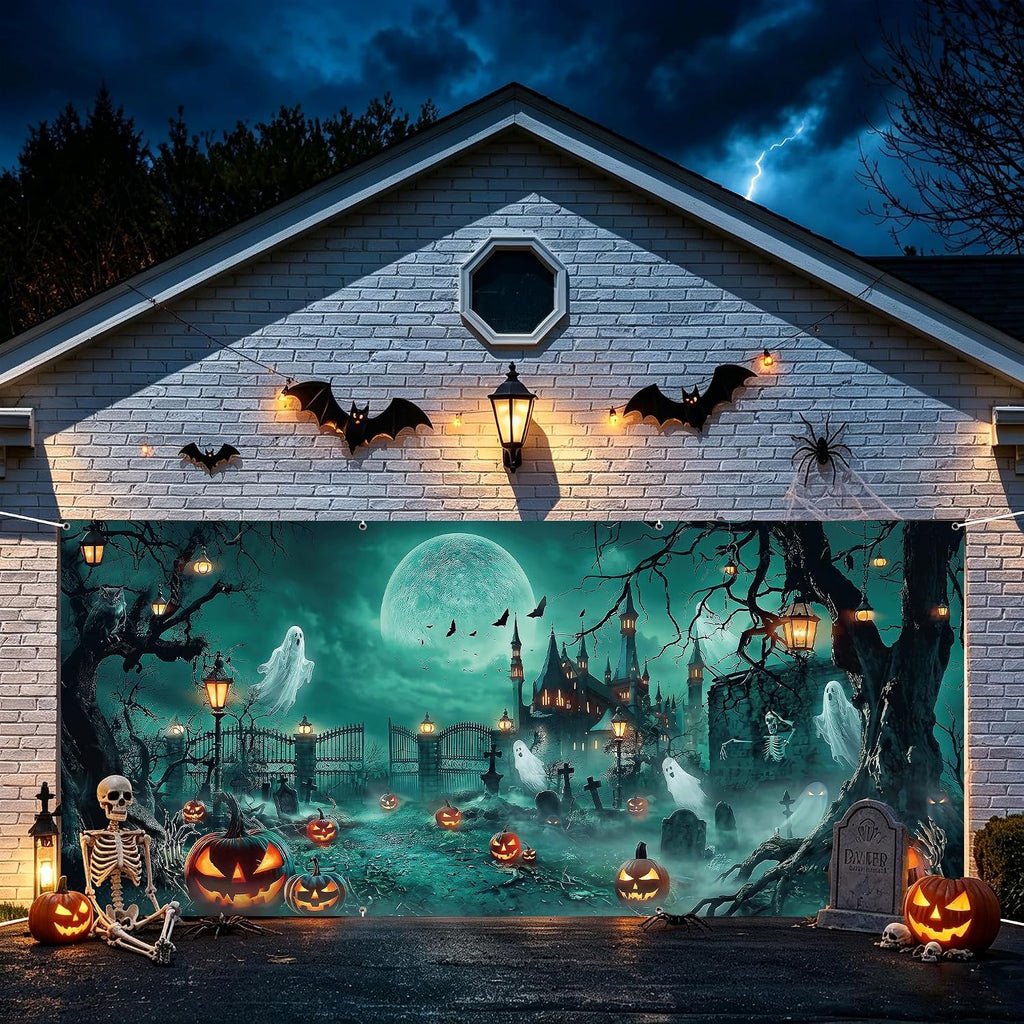 Halloween Garage Door Cover 7 X 16 Ft, Haunted Castle Pumpkin Graveyard