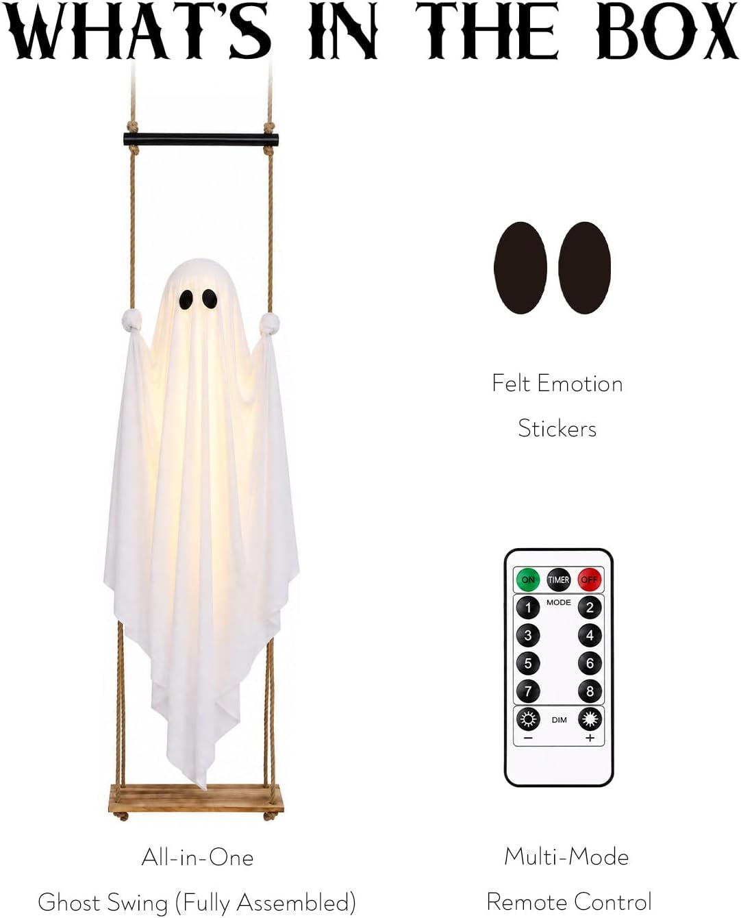 Halloween Decorations Outdoor 3.7FT Pre-Assembled Hanging Swing Ghost | Ready-To-Hang Ghost,Remote Waterproof Lights,Stable&Adjustable,Sturdy–Ideal for Porches, Trees, Yards & Entryways