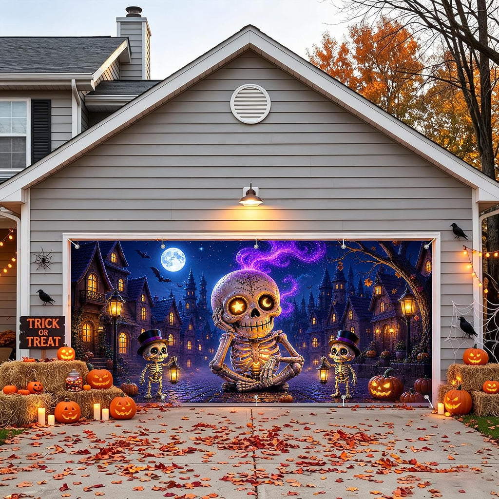 Halloween Garage Door Cover, Giant Skeleton Banner Outdoor Decoration