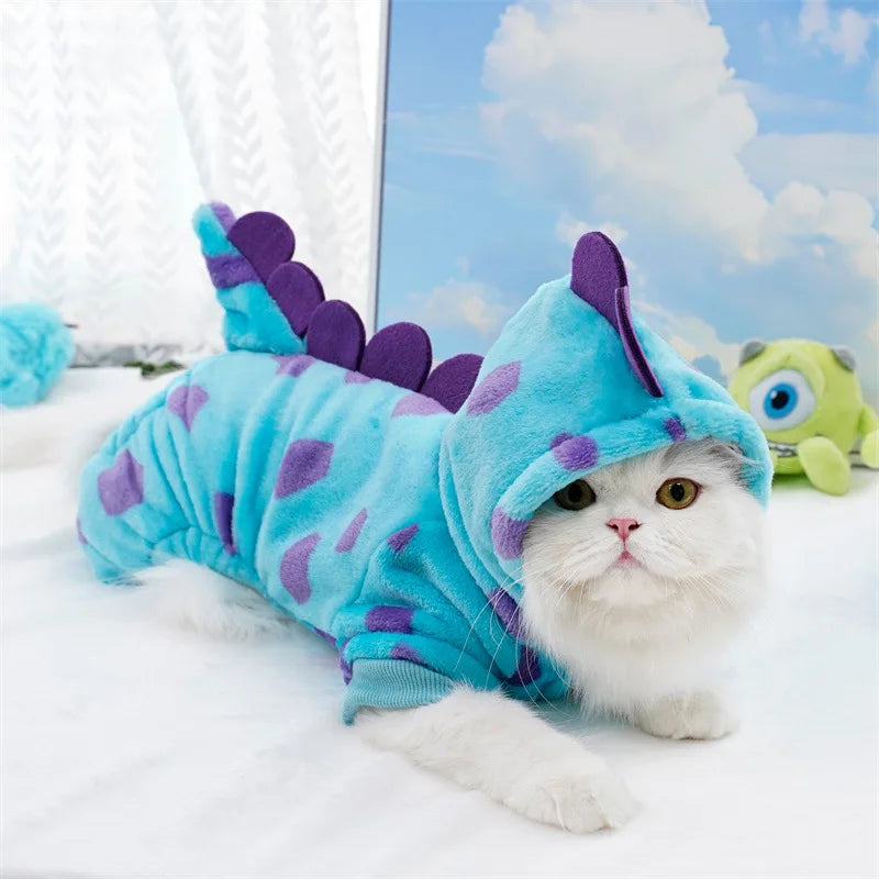 Cute Dinosaur Pet Costume 4 Legs Jumpsuit for Small Dogs Cats, Soft Plush Warm Cosplay Outfit Winter Clothes