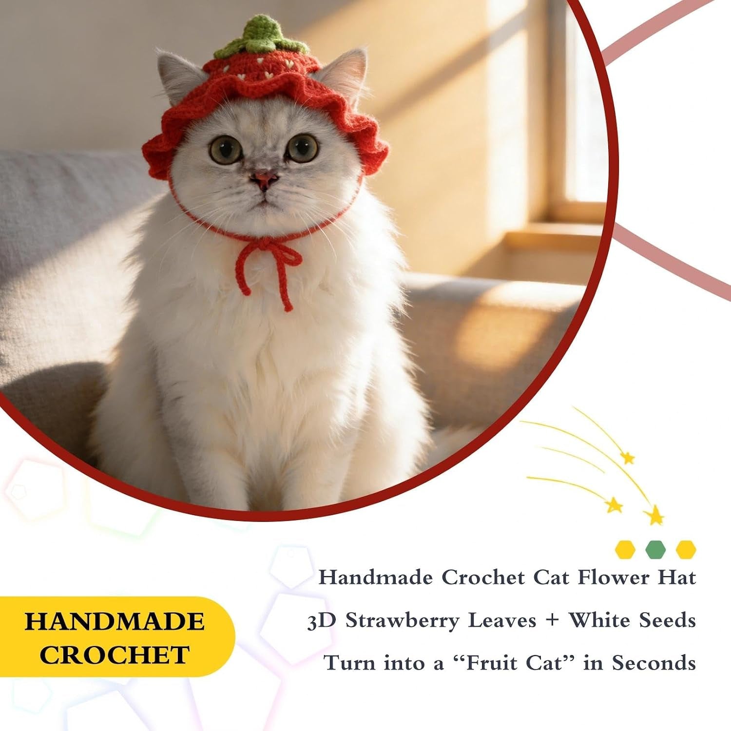 Strawberry Cat Hat, Cotton & Soft Cute Knitted Hats for Cats Birthday Party Christmas Puppy Hat for Small Pets (Red, M)