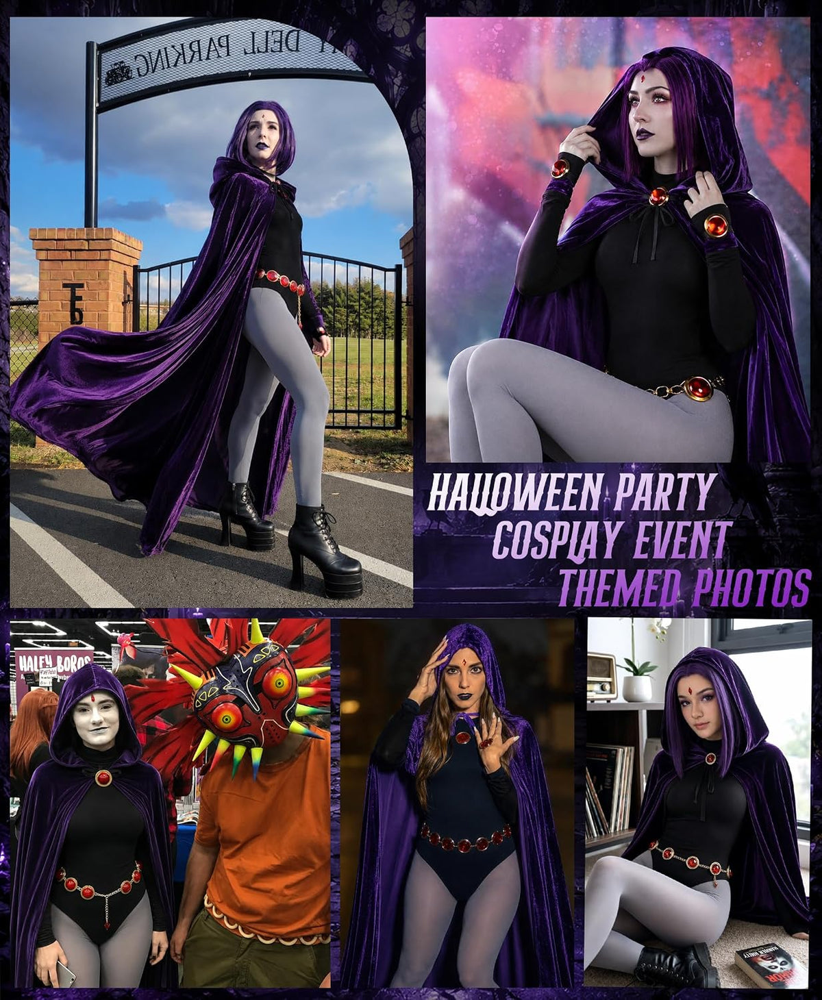Raven Costume for Women, 6 Pcs Raven Cosplay Costume Set with Purple Hooded Cloak Bodysuit Gray Tights Halloween Party Outfit