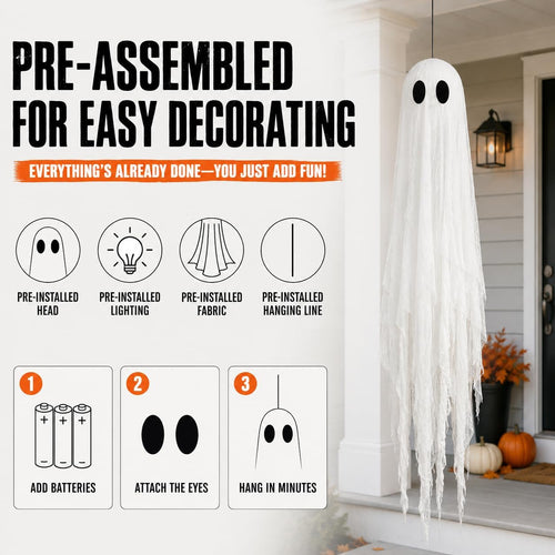 3 Packs Halloween Decorations Outdoor - Hanging Ghost Decor for Porch Yard | 5FT*1 & 4FT*2 LED Timed Light up Hanging Ghost Sets, Pre-Assembled Halloween Party Decor for Tree, Remote Control Easy Setup