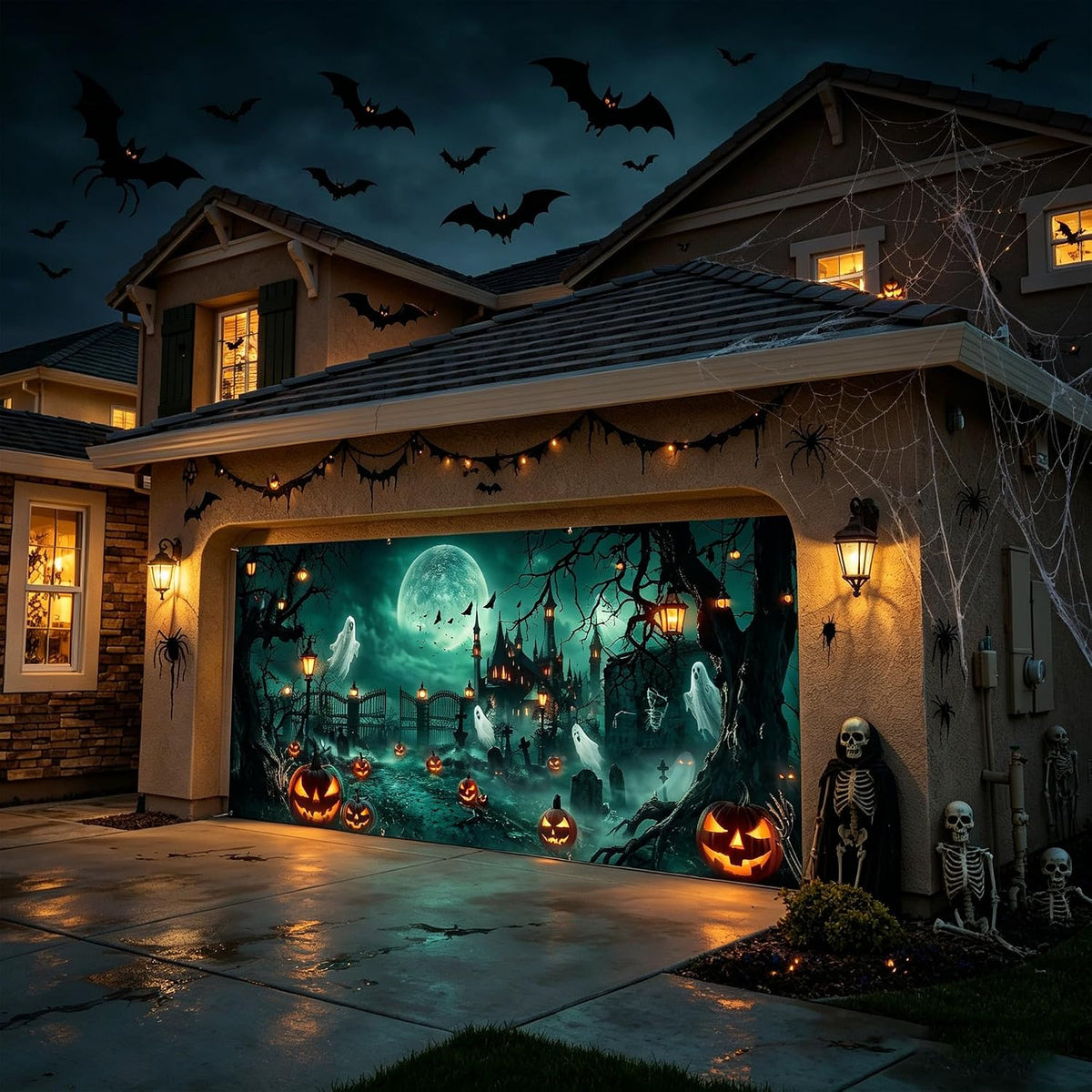 Halloween Garage Door Cover 7 X 16 Ft, Haunted Castle Pumpkin Graveyard