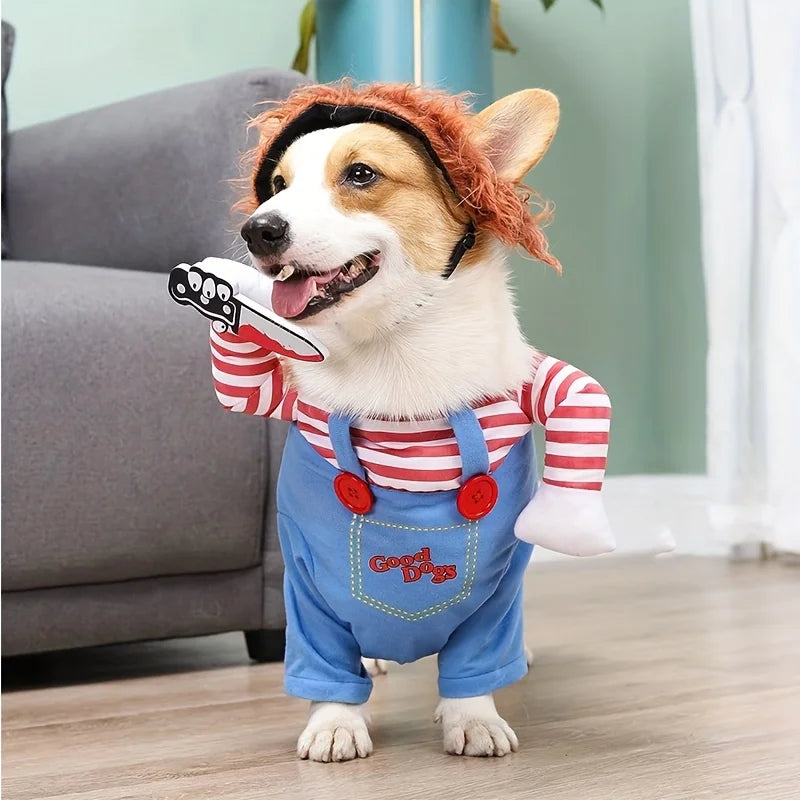 Dog Cosplay Clothes Bloody Doll Look with Knife Wig Novelty Funny Pet Costume Party Wear Halloween