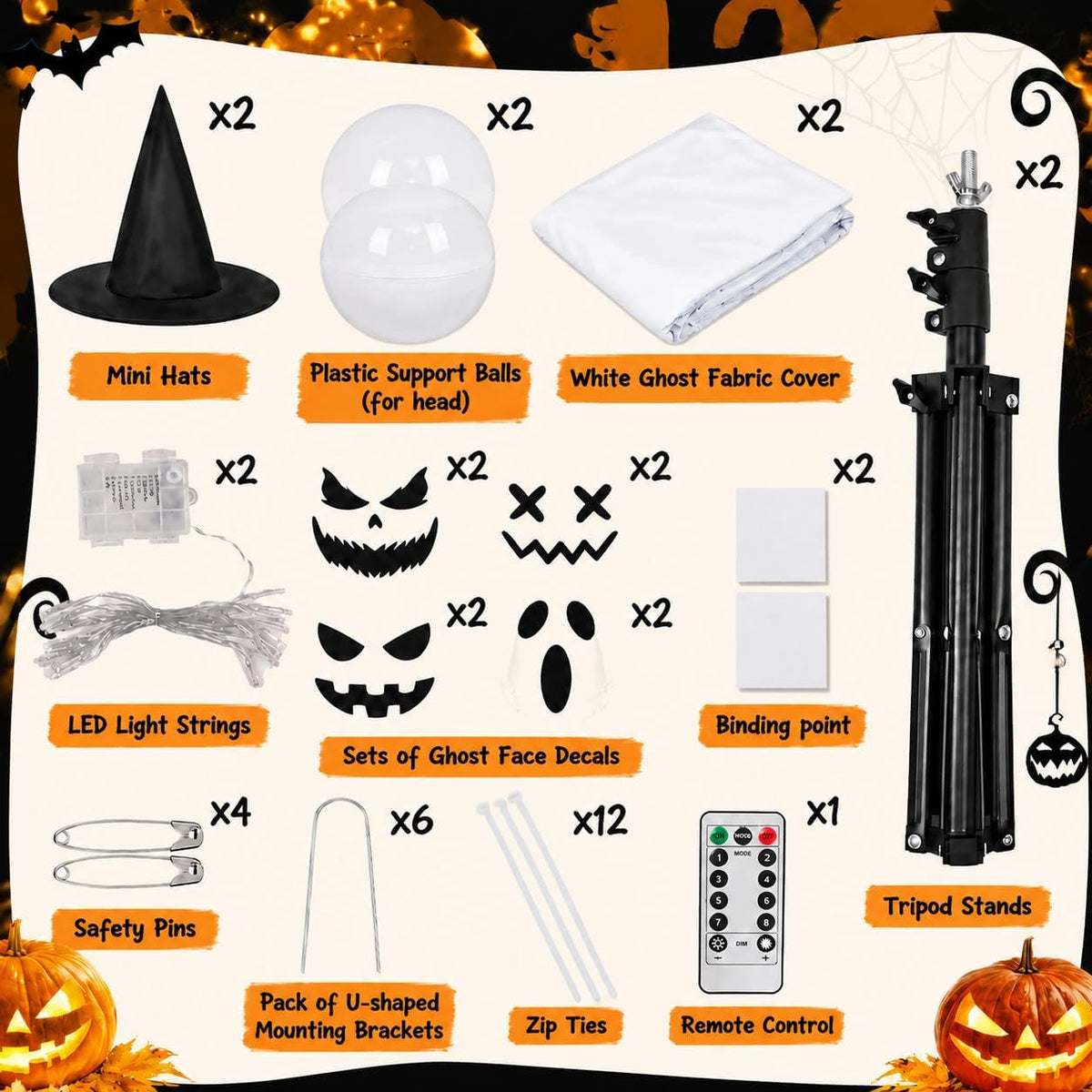 2‑Pack 63" Halloween Decorations for Outdoor with Remote Control | 8 Light Modes & Timer, 43‑63In Adjustable Height, 4 Sets DIY Ghost Faces, Windproof U‑Stakes, for Indoor, Yard, Lawn & Garden