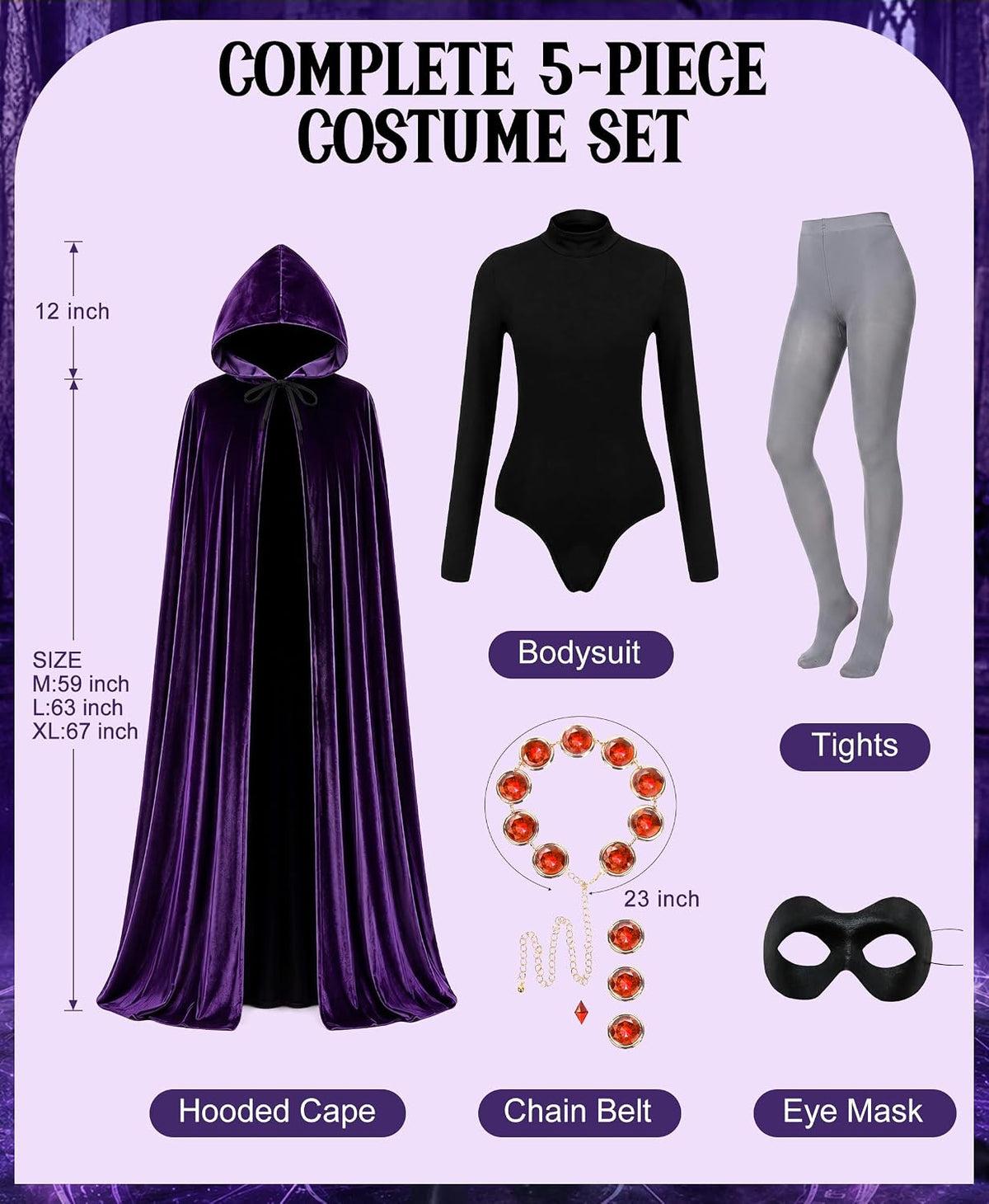 Raven Costume for Women, 6 Pcs Raven Cosplay Costume Set with Purple Hooded Cloak Bodysuit Gray Tights Halloween Party Outfit