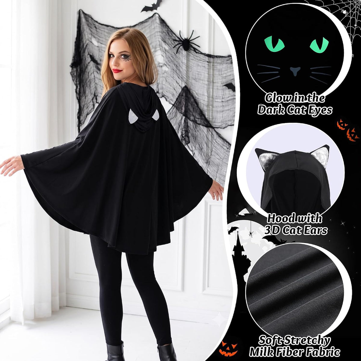 Black Cat Costume for Women, Glow in the Dark Halloween Poncho Hooded Cloak for Cosplay Themed Party