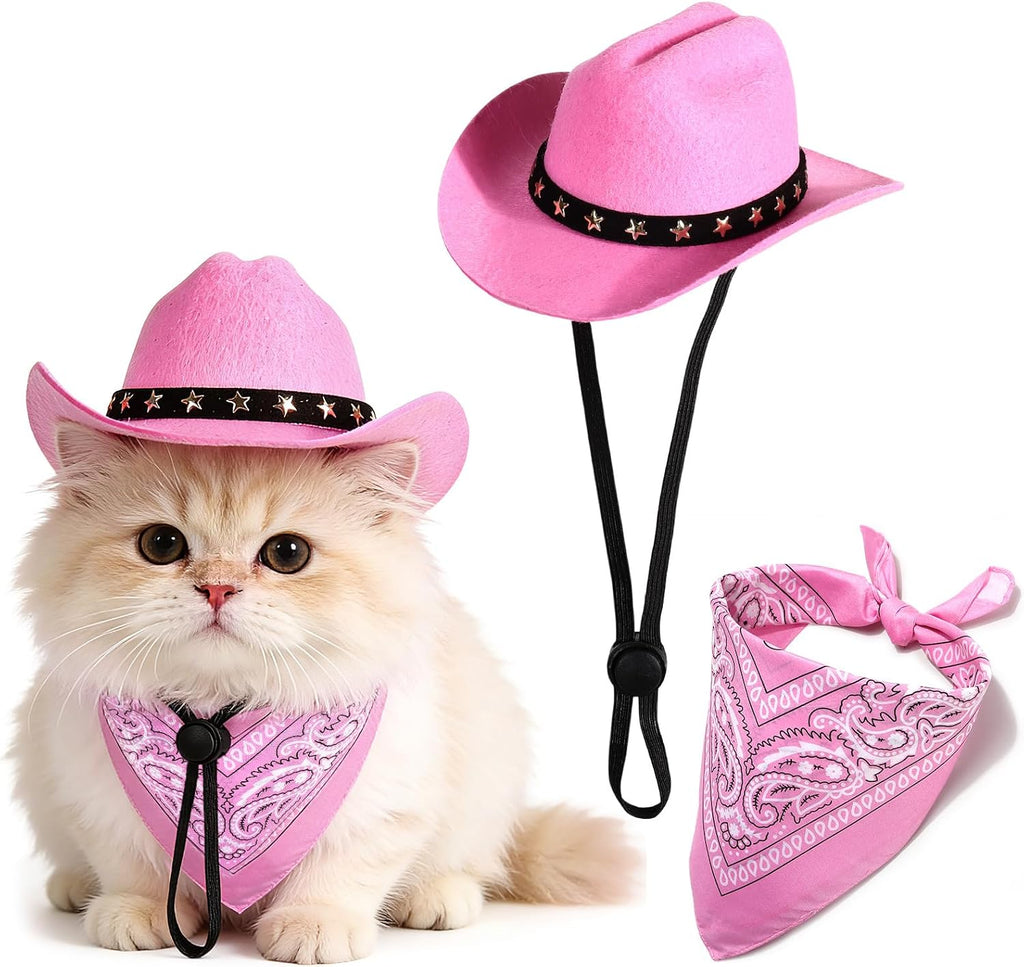 Pet Cowboy Costume, Dog Cowboy Hat with Bandana Scarf, Adjustable Cat Cowboy Hat for Party Cosplay Christmas, Halloween Cowboy Costumes for Small Pet Dogs Cats (Pink, Small)