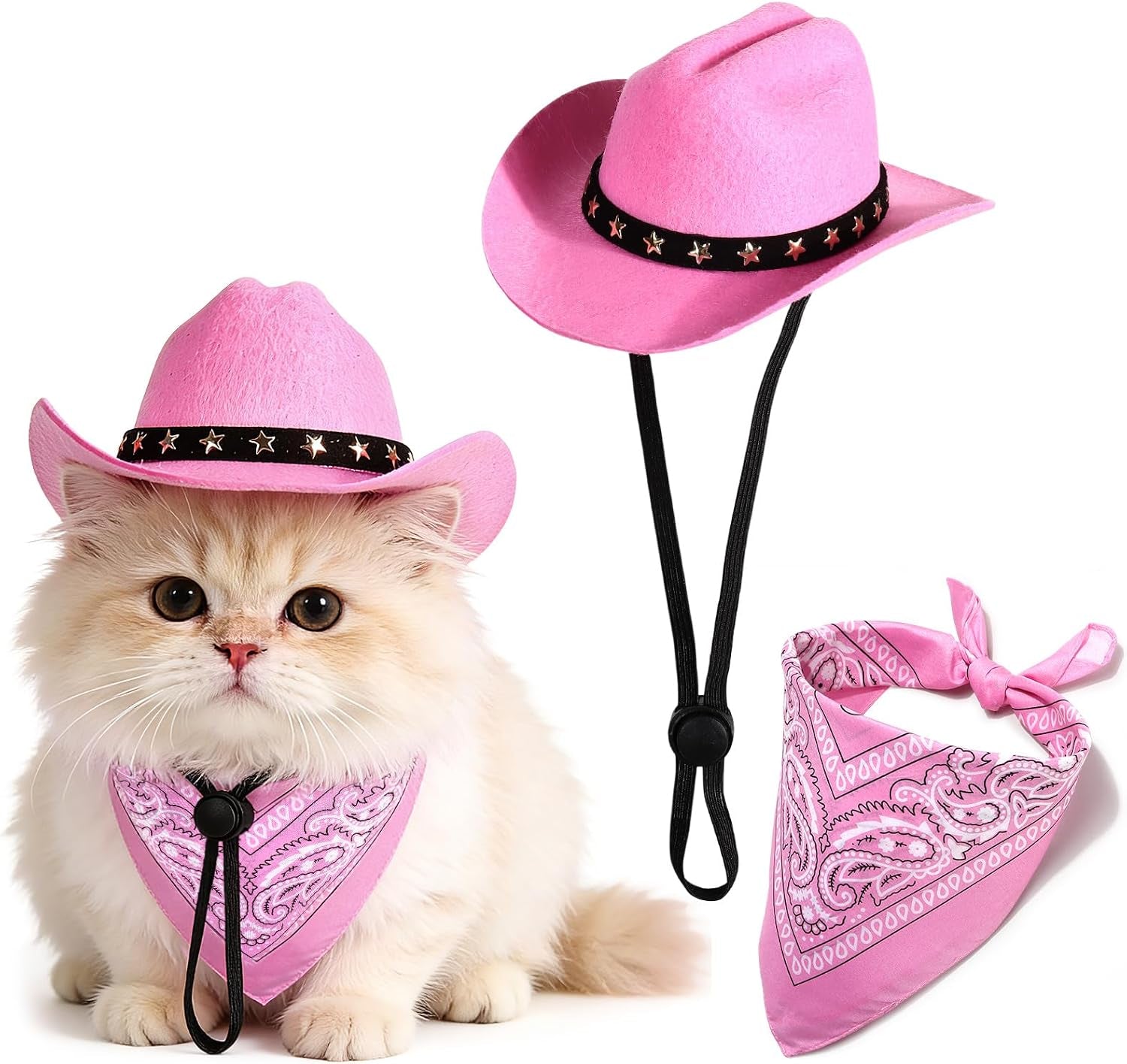 Pet Cowboy Costume, Dog Cowboy Hat with Bandana Scarf, Adjustable Cat Cowboy Hat for Party Cosplay Christmas, Halloween Cowboy Costumes for Small Pet Dogs Cats (Pink, Small)