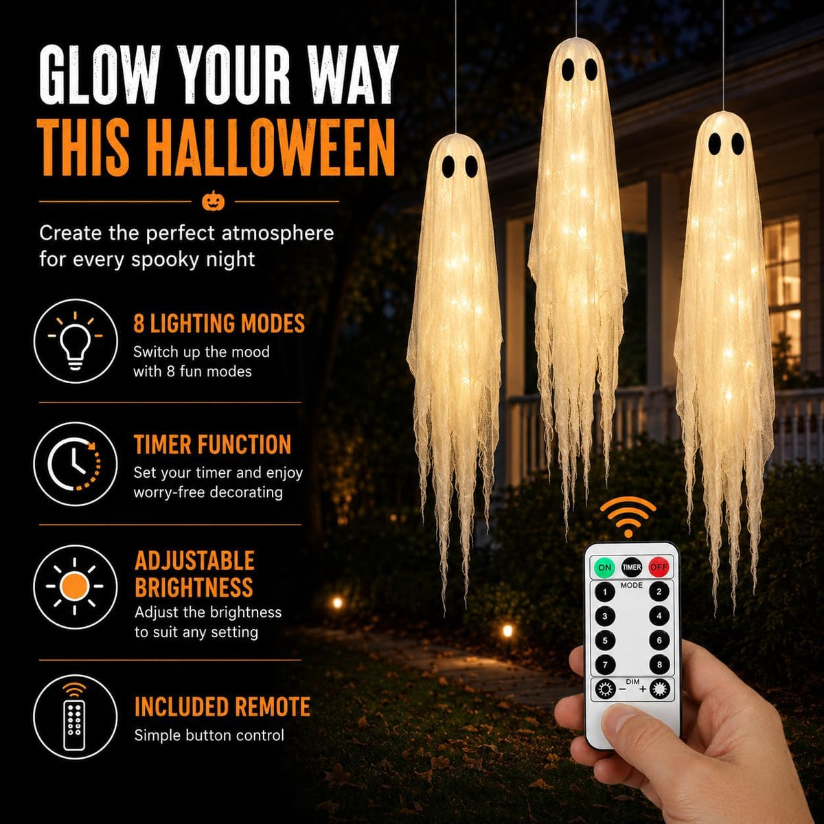 3 Packs Halloween Decorations Outdoor - Hanging Ghost Decor for Porch Yard | 5FT*1 & 4FT*2 LED Timed Light up Hanging Ghost Sets, Pre-Assembled Halloween Party Decor for Tree, Remote Control Easy Setup