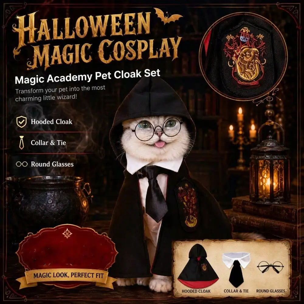 3Pcs Spooky Dark Gothic Dog Cape – Horror Wizard Costume with Emblem Badge, Necktie, and round Glasses Accessory