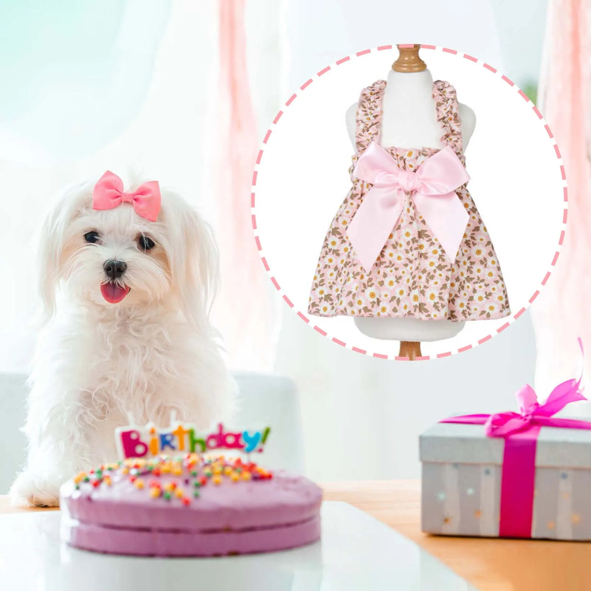 1Pc Cat Skirt Pet Dress Dog Summer Dress Romantic Style with Pink Floral Print, Small Dog Clothes Pet Clothing Chihuahua Skirt