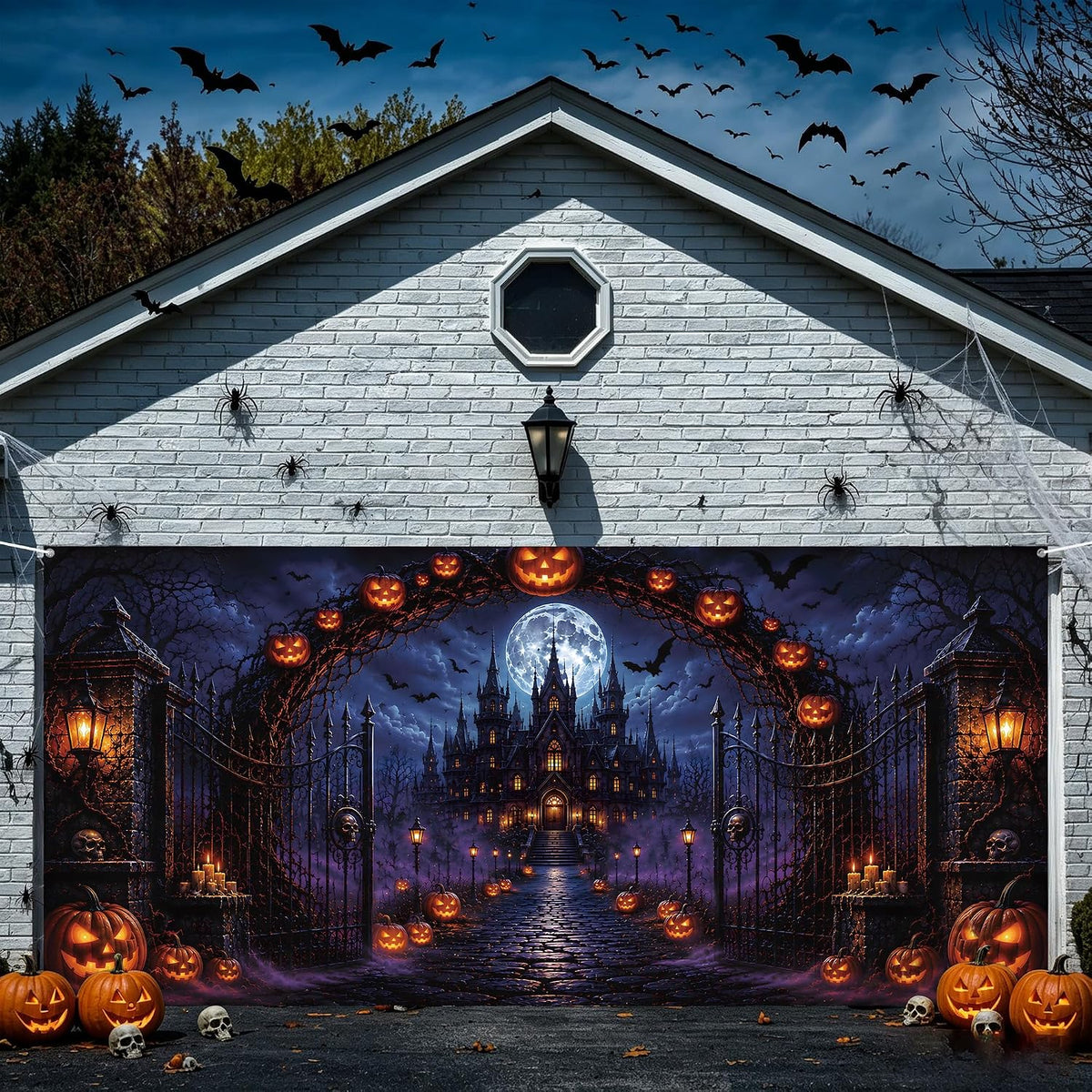 Halloween Garage Door Cover 7 X 16 Ft, Haunted Castle Pumpkin Graveyard