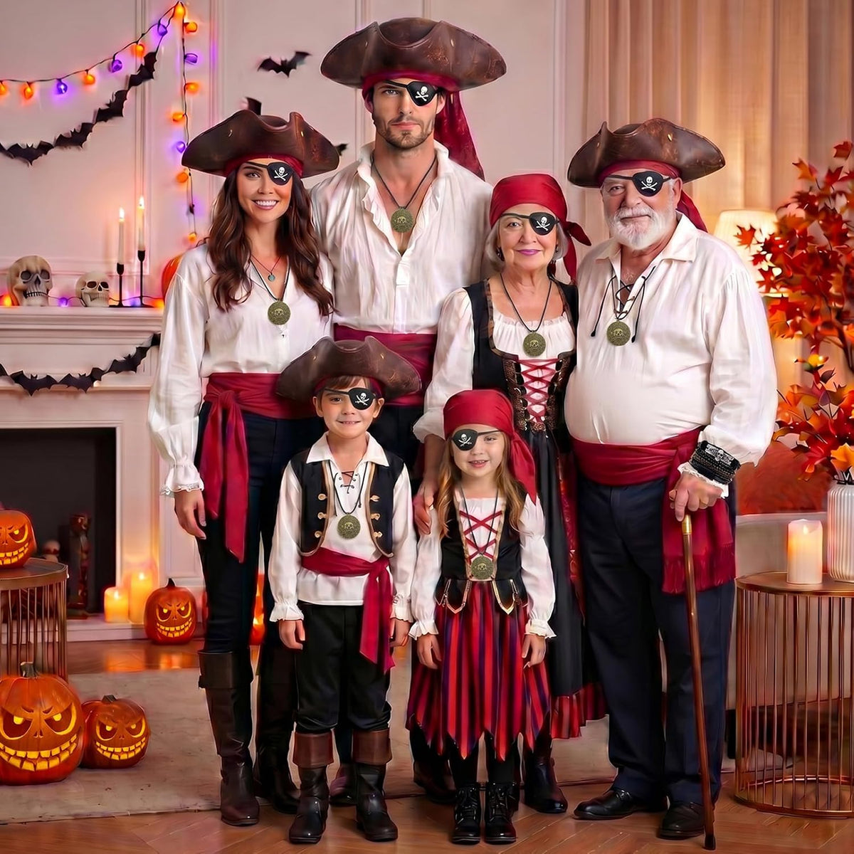6-Piece Pirate Accessories Costume Set for Adults, Realistic Tricorn Hat | with Red Bandana, Waist Sash, Eye Patch, Skull Bracelets & Necklace, Mens Captain Buccaneer Party Outfit