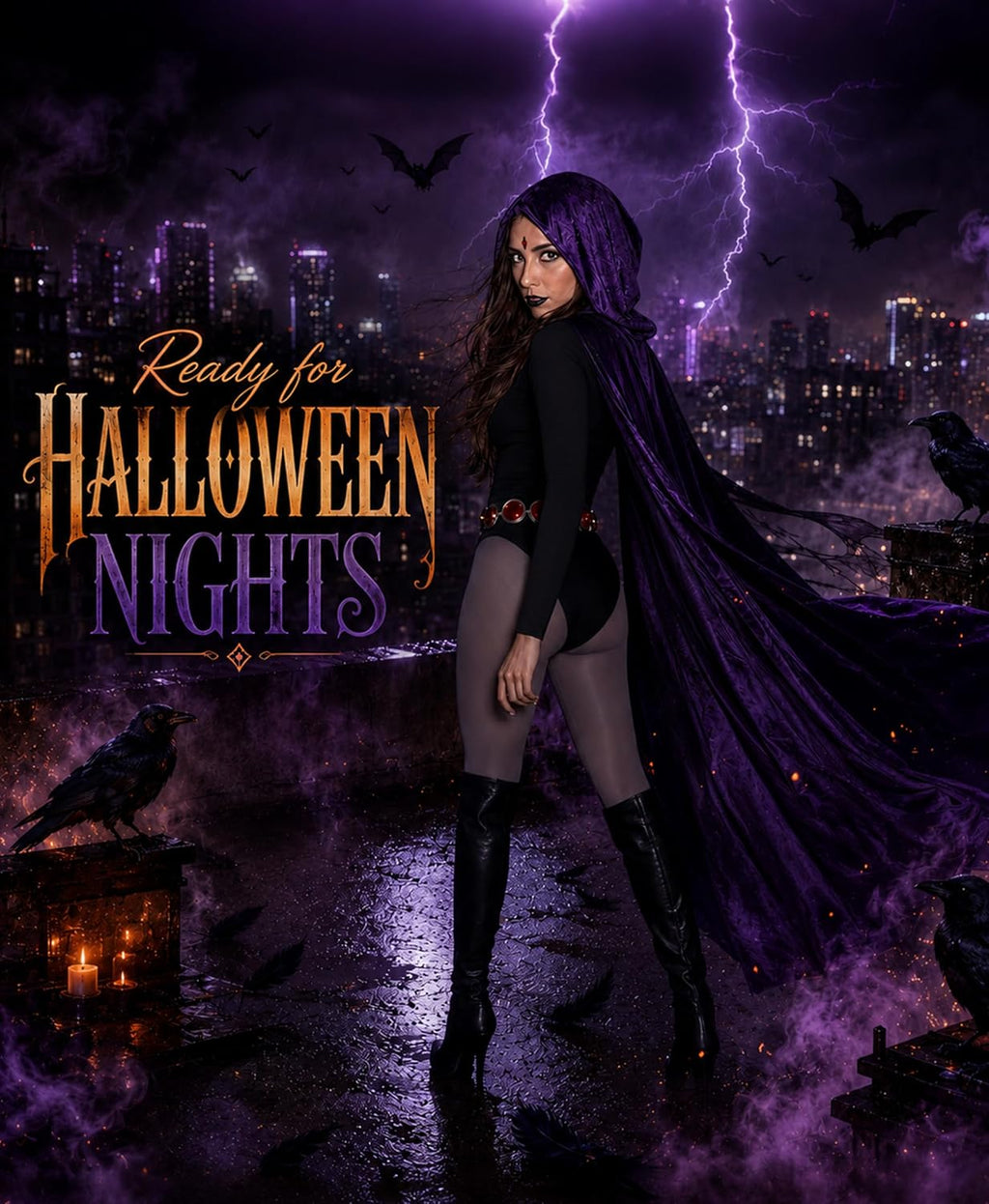 Raven Costume for Women, 6 Pcs Raven Cosplay Costume Set with Purple Hooded Cloak Bodysuit Gray Tights Halloween Party Outfit