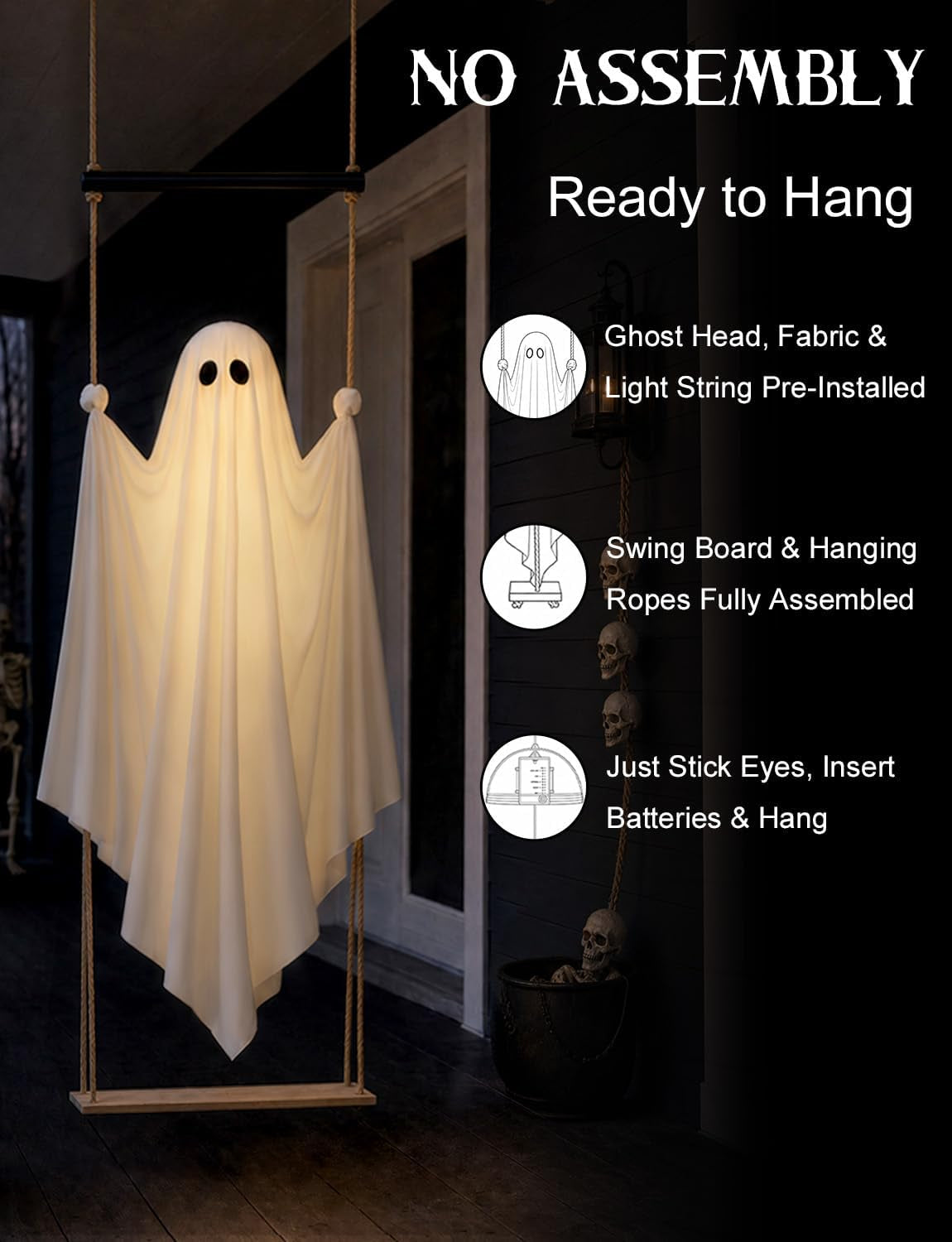Halloween Decorations Outdoor 3.7FT Pre-Assembled Hanging Swing Ghost | Ready-To-Hang Ghost,Remote Waterproof Lights,Stable&Adjustable,Sturdy–Ideal for Porches, Trees, Yards & Entryways