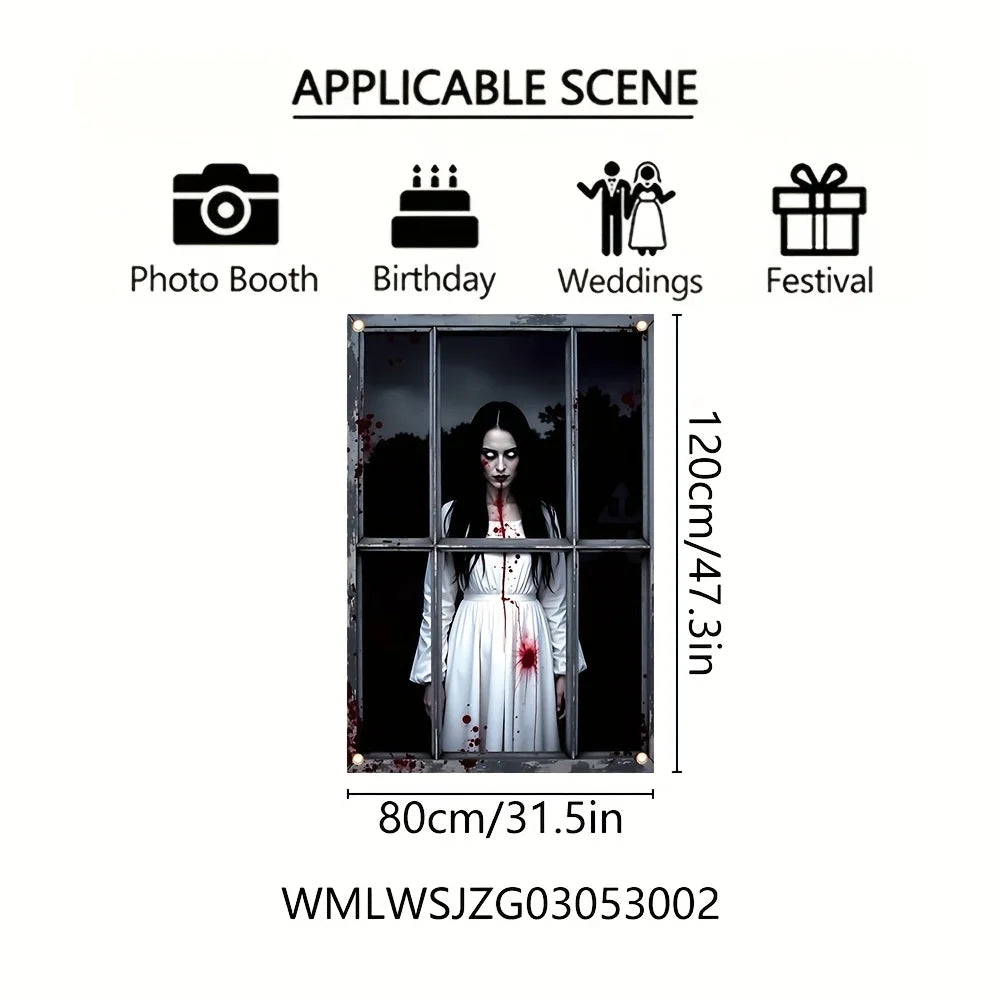 One 2D Flat Halloween Window Background Cloth, Polyester, Terrifying Female Ghost, Suitable for Outdoor Halloween Decoration