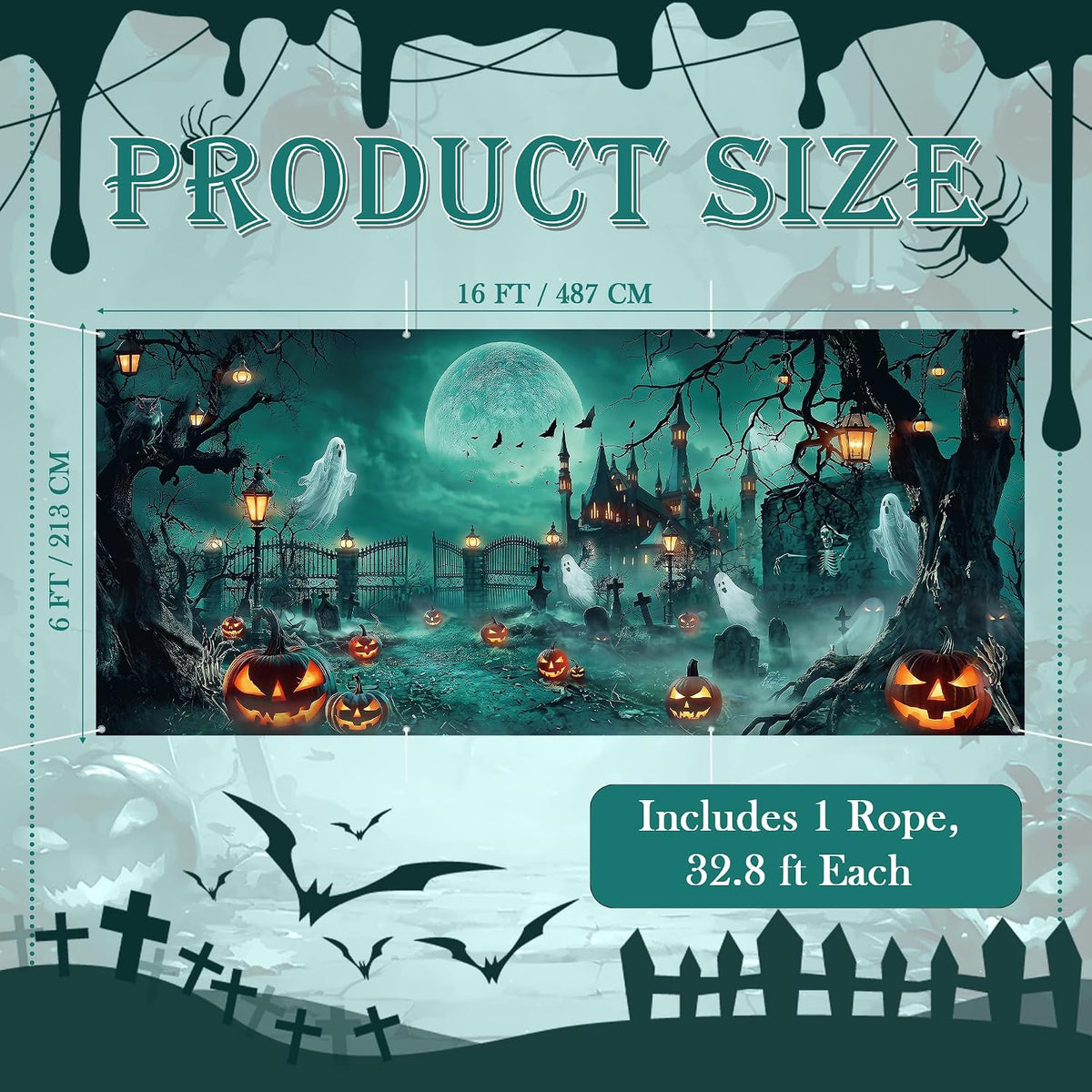 Halloween Garage Door Cover 7 X 16 Ft, Haunted Castle Pumpkin Graveyard
