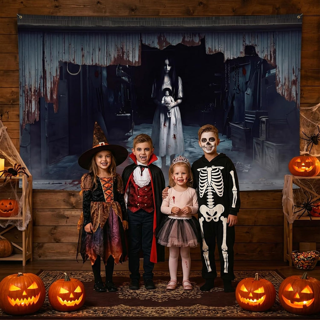 Halloween Garage Door Cover - Large Scary Ghost Girl Backdrop