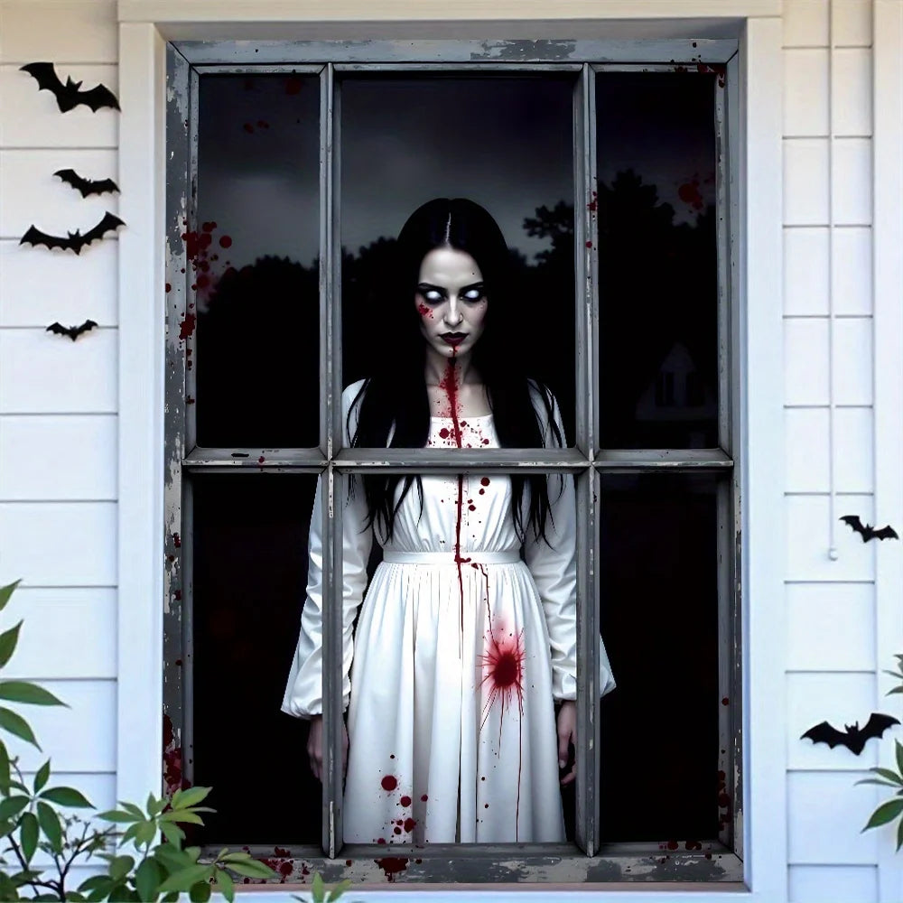 One 2D Flat Halloween Window Background Cloth, Polyester, Terrifying Female Ghost, Suitable for Outdoor Halloween Decoration