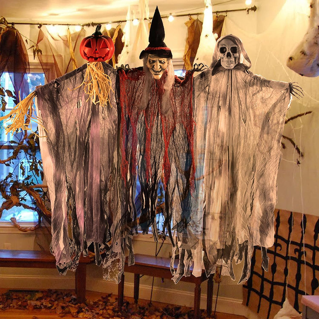3 Pack 35” Hanging Ghosts Witch Pumpkin Decor Hanging Halloween Decorations Outdoor Halloween Decor, Scary Flying Witch Grim Reapers Haunted House Front Porch Decor Yard Garden Lawn Party