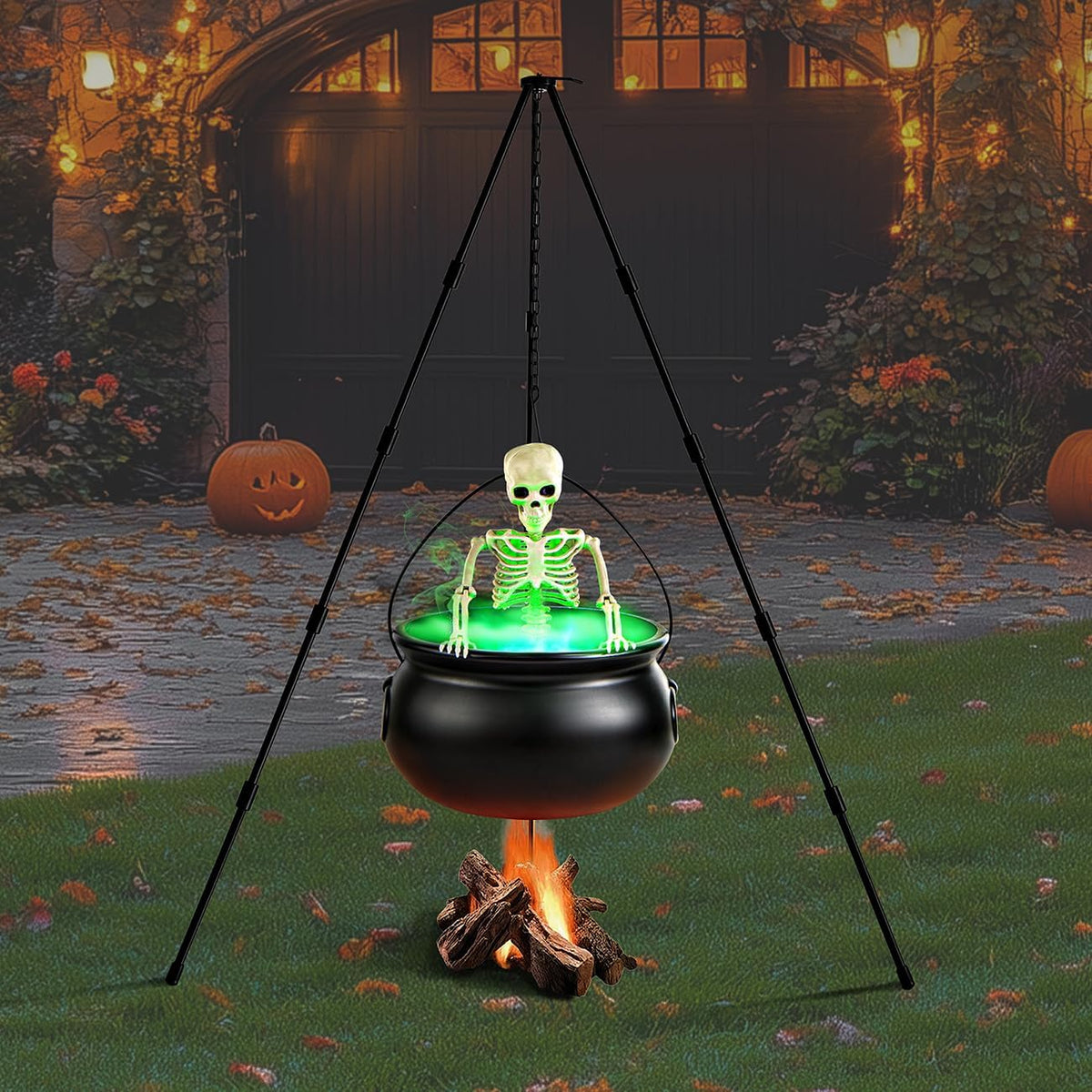 Halloween Decorations Outdoor Witch Cauldron Tripod with Fog Maker & Skull | 52-Inch Tall Display, Green Light Mist Effect, Large Cauldron & Skeleton, Stable Setup for Porch Yard Lawn Halloween Scenes