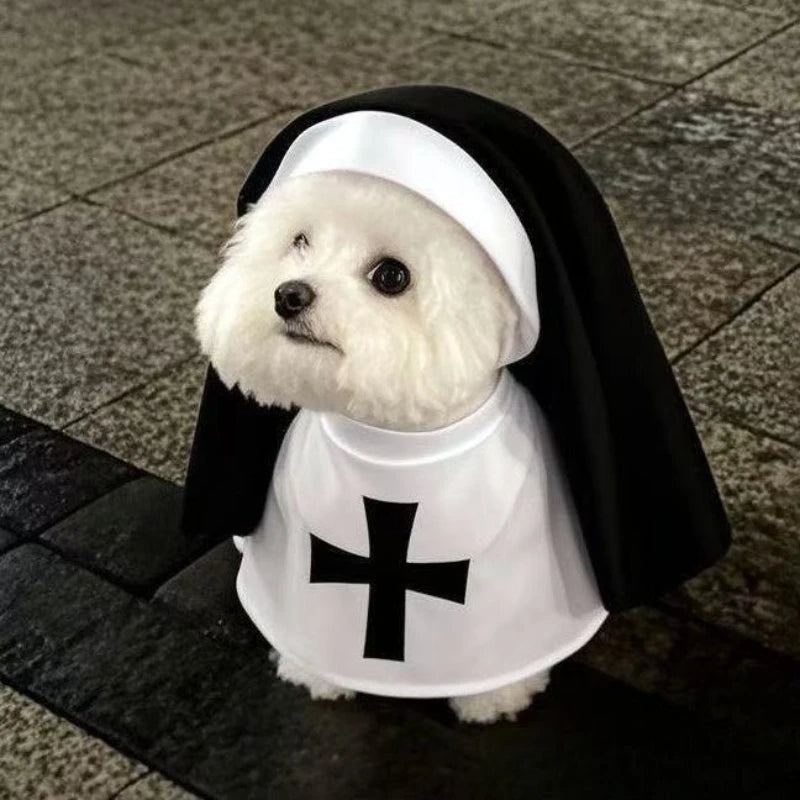 Halloween Cats Nun Costume Jesus Cross Print Kitty Clothes for Small Dogs Funny Cute Dress up Party Pet Overalls Cat Accessories