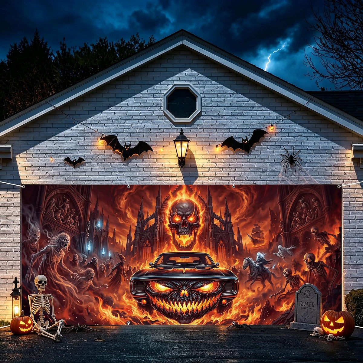 Halloween Garage Door Cover 7 X 16 Ft, Haunted Castle Pumpkin Graveyard