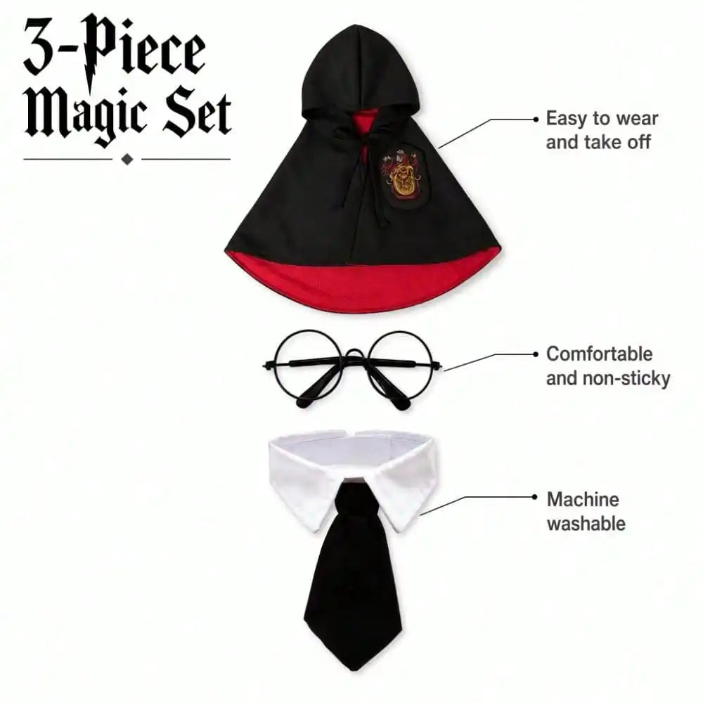 3Pcs Spooky Dark Gothic Dog Cape – Horror Wizard Costume with Emblem Badge, Necktie, and round Glasses Accessory
