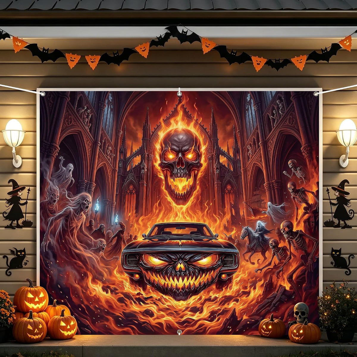 Halloween Garage Door Cover 7 X 16 Ft, Haunted Castle Pumpkin Graveyard