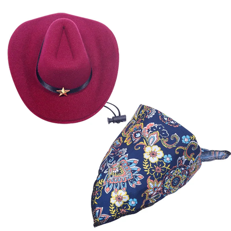 British Style Cat Cowboy Hat with Bandana Set, Adjustable Pet Hat for Cats and Dogs, Funny Vintage Pet Costume Accessory