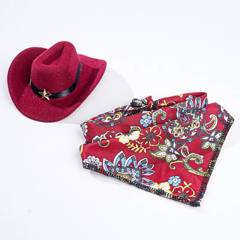 British Style Cat Cowboy Hat with Bandana Set, Adjustable Pet Hat for Cats and Dogs, Funny Vintage Pet Costume Accessory