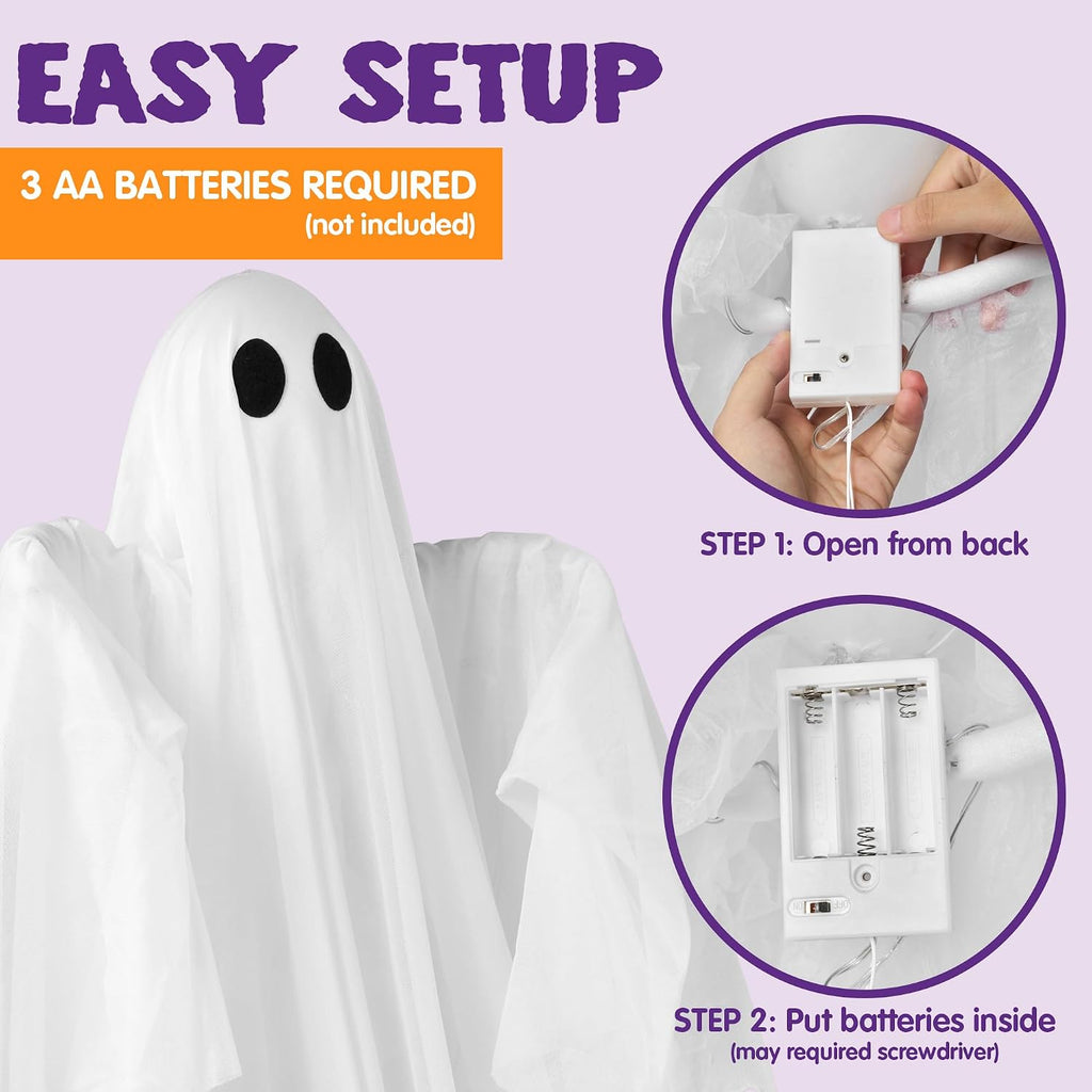 Halloween Hanging Light up Ghost, 47" White Ghosts with Green LED Light and Timer Halloween Hanging Decoration Waterproof for Front Yard Patio Lawngarden Party Decor Indoor Outdoor