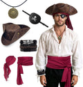 6-Piece Pirate Accessories Costume Set for Adults, Realistic Tricorn Hat | with Red Bandana, Waist Sash, Eye Patch, Skull Bracelets & Necklace, Mens Captain Buccaneer Party Outfit