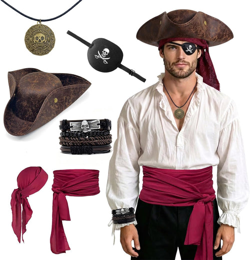 6-Piece Pirate Accessories Costume Set for Adults, Realistic Tricorn Hat | with Red Bandana, Waist Sash, Eye Patch, Skull Bracelets & Necklace, Mens Captain Buccaneer Party Outfit