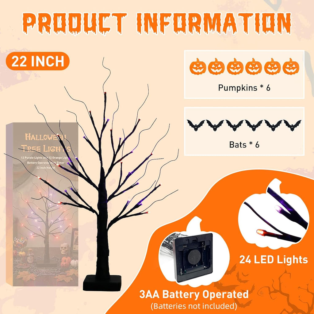 Halloween Decorations, Halloween Tree Lights, Lighted Black Tree | Halloween Decorations Indoor, Spooky Tree with 24 Orange Purple Lights & Timer, 22" Table Centerpiece Battery for Home Decor
