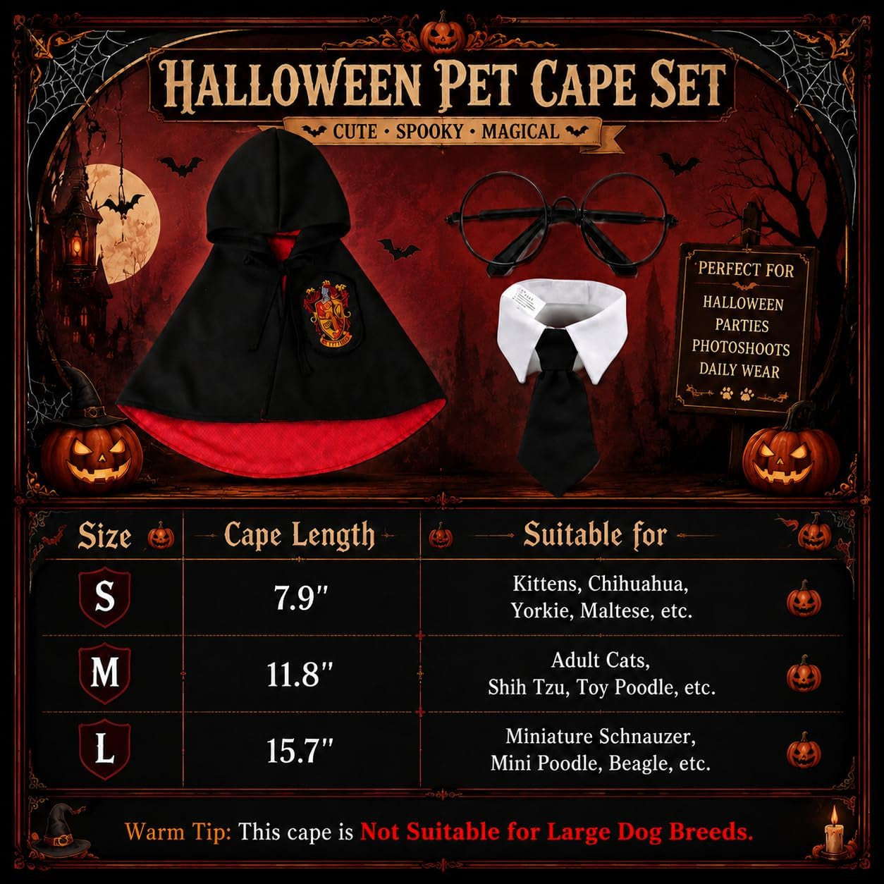 Cat Halloween Costumes - Adjustable Dog Cat Wizard Costume,Pet Hooded Cape Glasses Necktie Set,Funny Puppy Small Dog Halloween Costumes Boy Girl, Black Red Pet Magician Cosplay Outfits