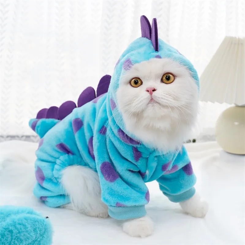 Cute Dinosaur Pet Costume 4 Legs Jumpsuit for Small Dogs Cats, Soft Plush Warm Cosplay Outfit Winter Clothes