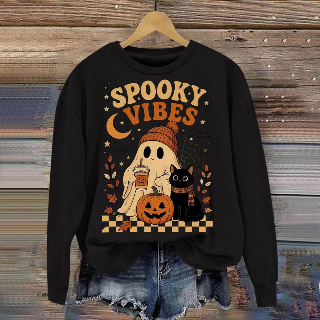 Womens Halloween Sweatshirt,Ghost Pumpkin Graphic Sweatshirt Spooky Season Sweaters Fall Crewneck Pullover for Women