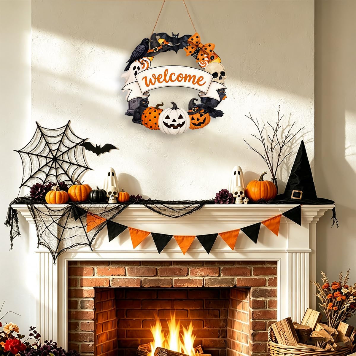 Halloween Welcome Wreath for Front Door Wooden Pumpkin Ghost Door Decor | Farmhouse Skull & Black Cat Wreath with Welcome Sign for Porch Mantel Wall Home Decoration Indoor Outdoor 12X12 Inch