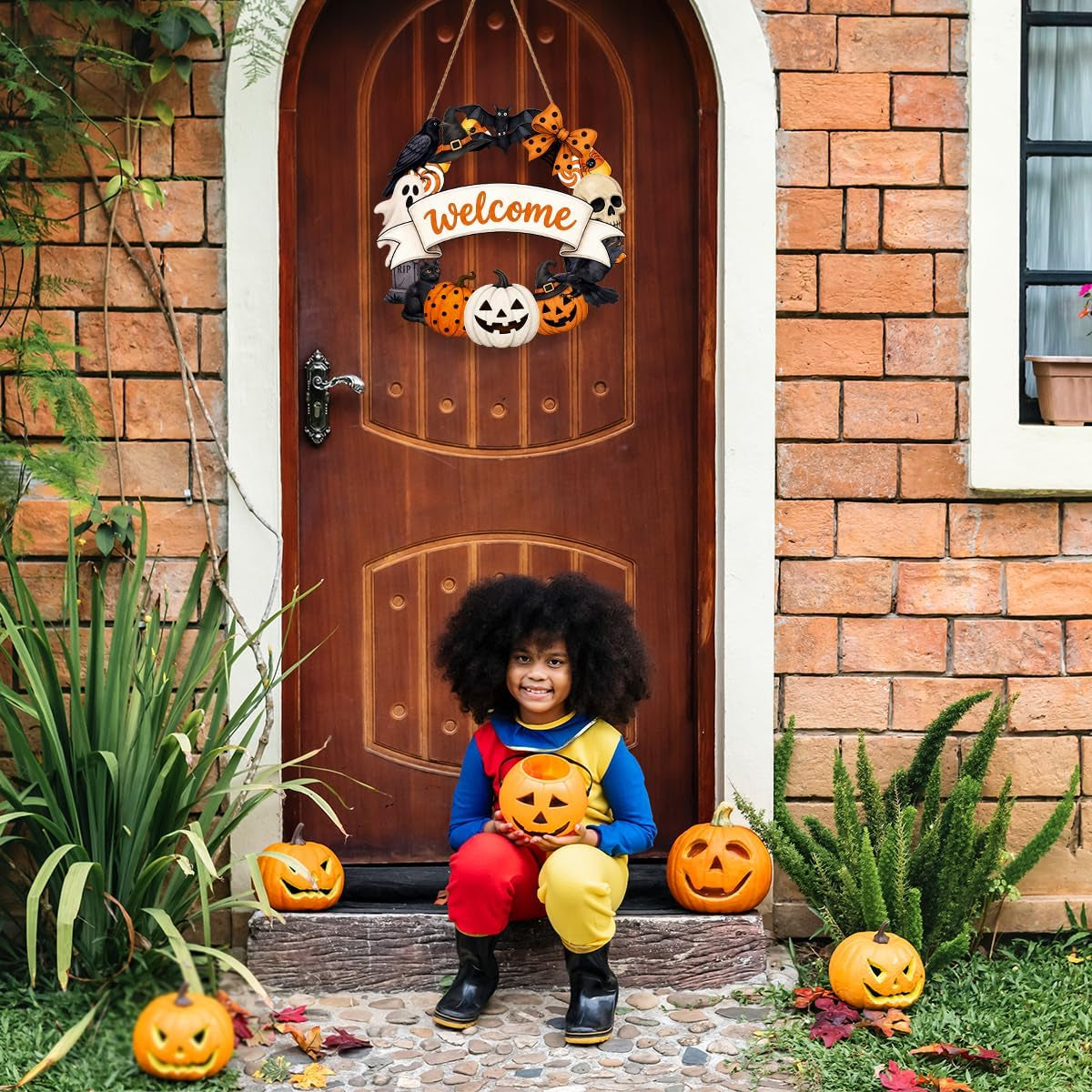 Halloween Welcome Wreath for Front Door Wooden Pumpkin Ghost Door Decor | Farmhouse Skull & Black Cat Wreath with Welcome Sign for Porch Mantel Wall Home Decoration Indoor Outdoor 12X12 Inch