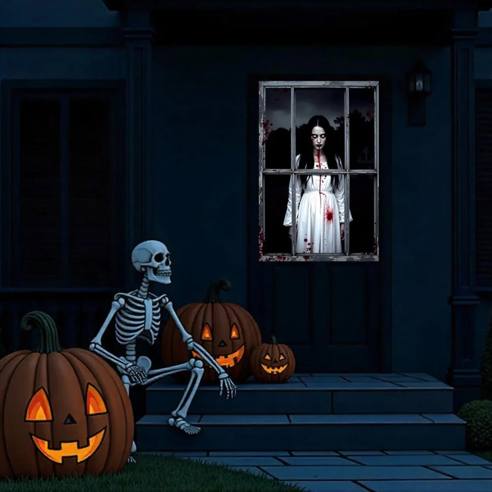 One 2D Flat Halloween Window Background Cloth, Polyester, Terrifying Female Ghost, Suitable for Outdoor Halloween Decoration