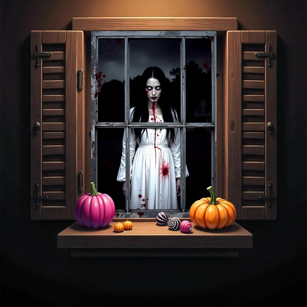 One 2D Flat Halloween Window Background Cloth, Polyester, Terrifying Female Ghost, Suitable for Outdoor Halloween Decoration